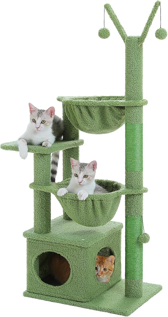MUTTROS Cactus Cat Tree, 47.6" Cat Tower with 2 Metal Frame Hammock, Cat Scratching Post for Indoor Cats with 2 Removable Pompom Sticks for Kittens, Green