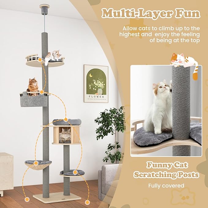 Tangkula Floor to Ceiling Cat Tree, 5 Tier Tall Cat Tower with Adjustable Height (100-110 Inch) for Large Cats, Wood Cat Climbing Pole with Cat Condo, Scratching Post, Cattail Basket Bed, Hammock