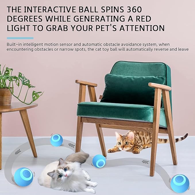 2025 Smart Automatic Interactive Cats Toy, Automatic Moving Bouncing Rolling Ball for Bored Indoor Adult Cats, Self Rotating, Type-C Rechargeable (Blue)