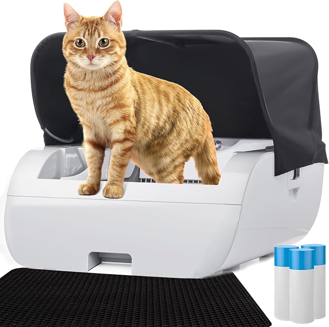 Open-Top Self Cleaning Cat Litter Box Automatic with Smart APP Control, Anti Pinch and Odorless, Whisper Quiet, Free Waste Bag/Litter Mat/Cleaning Brush/Mineral Cat Litter (White)