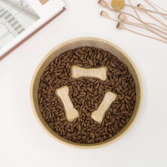 Ceramic Slow Feeder Cat Bowls 6 Inch Cute Bone Slow Feeding Dog Food Bowl,Whisker-Friendly, Anti-Vomiting Feeder for Cats and Small Dogs Non Slip Dishwasher/Microwave Safe (Khaki)
