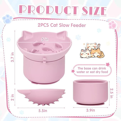 2 Pack Silicone Cat Slow Feeder, Elevated Slow Feeder Cat Bowl for Dry and Wet Food, Tilted Design with Non Slip Base, Adjustable Angle for Pet(Pink and Blue)