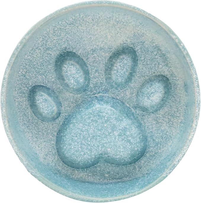 Ceramic Slow Feeder Bowl, 6.69 x 5.7 inches, Elevated Design with Paw Pattern, for Cats and Small Dogs (Blue)