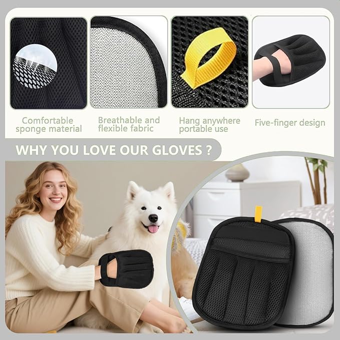 2-Pack Pet Hair Remover Gloves - Electrostatic Magic Brush Washable Reusable Dog Cat Hair Removal Tool for Furniture Clothing Carpet Car