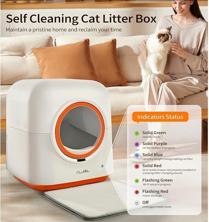 60L Self-Cleaning Litter Box with Automatic App Control PIR Motion Sensor Odor Elimination White and Orange Including Waste Bags