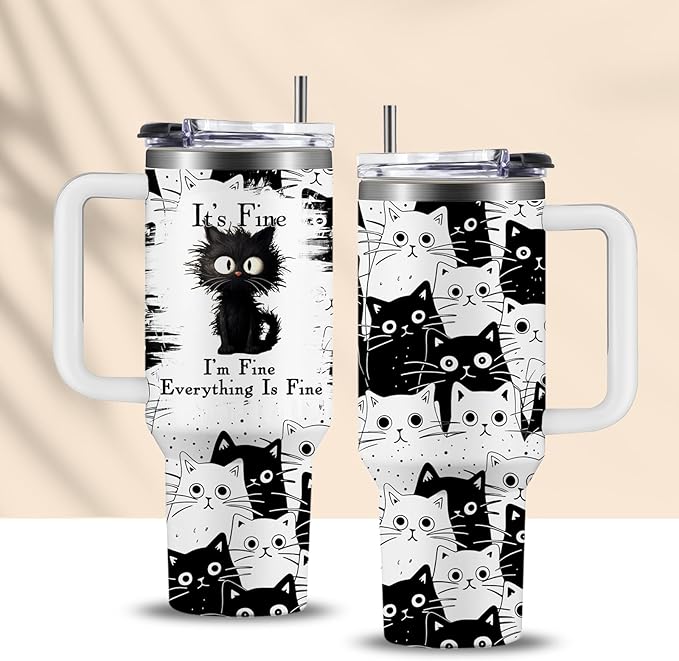 Cat Lover Gifts, Gift for Cats Lovers Women Men Girls Funny 30oz Black Cats Themed Tumbler Cups with Handle - Everything Is Fine Mug, Christmas Birthday Gift for Black Cat Mom Lady Gifts Cup