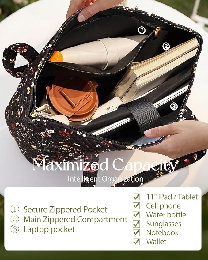 Miss Adola Quilted Tote Bag with Zipper - Laptop Tote Bag for Women, Large Capacity with Pockets for Work Teacher Travel