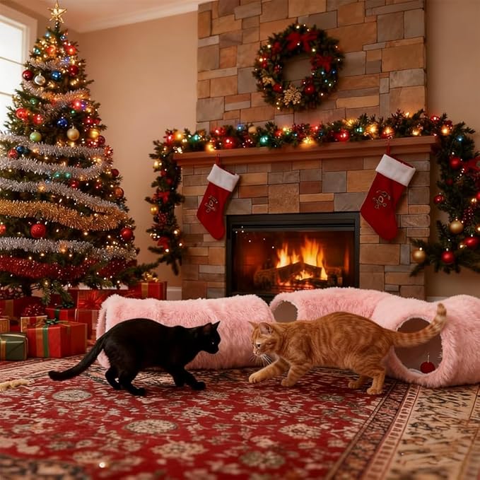 Cat Tunnel Bed Under Christmas, Luxury Donut Cat House Xmas Tree Skirt Tunnel Bed with Washable Cushion, Two-Entry Peekaboo Round Christmas Kitty Donut for Kitten Puppy Rabbit Ferret