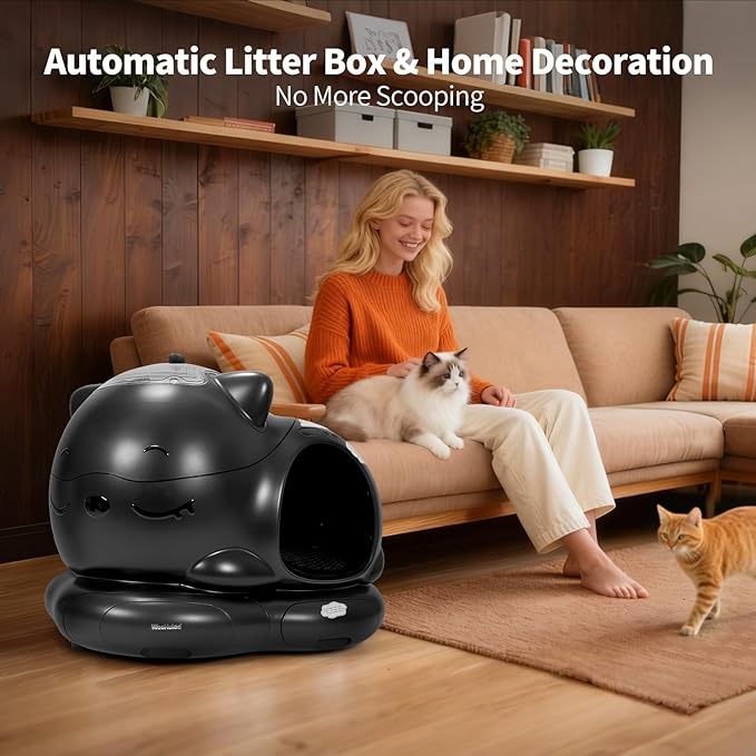 Automatic Cat Litter Box, Semi-Open Large Capacity with Triple Odor Removal System, App Control and Health Monitor, Safety Sensor, Cute Self Cleaning Litter Box for Multiple Cats (Black)