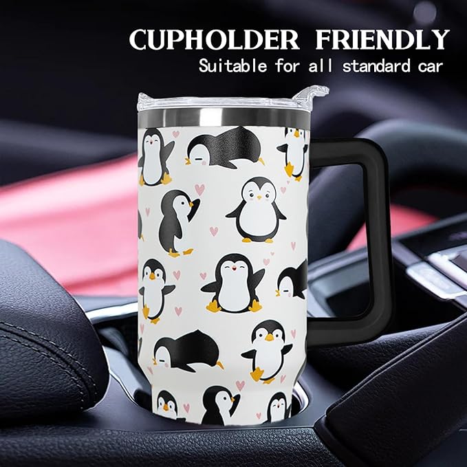 Ceovfoi 40 Oz Penguin Tumbler With Handle, Coffee Travel Mug Cup Water Bottle, Penguin Decor and Gifts for Women