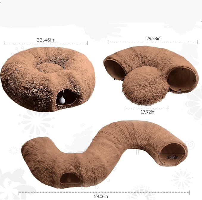 Cat Tunnel Christmas Tree Skirt， Cat Bed Under The Xmas Tree, Soft Plush Kitty Tunnel Bed with Washable Cushion, Two-Entry Peekaboo Round Christmas Cats Donut for Kitten Puppy Rabbit Ferret (Brown)