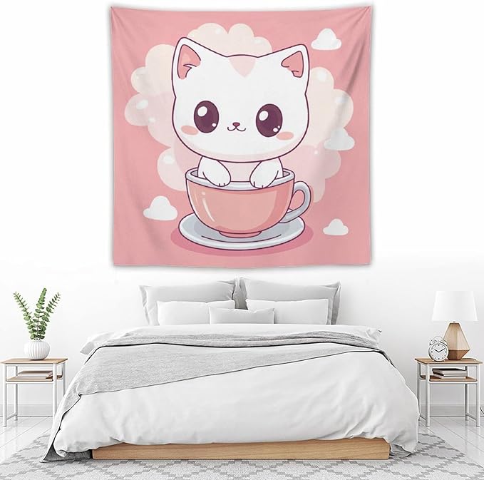 MaSiledy Tapestry Kawaii Cat Tapestries for Bedroom Pink Smile Kitten Cat Face Meow Wall Tapestries for Bedroom Colorful Wall Hanging Aesthetic Wall Art For Room Decor Landscape 60"x60"
