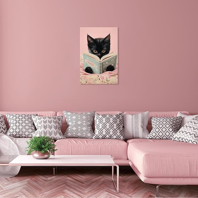 Vintage Cat Canvas Wall Art Funny Cute Cats Reading Books Poster Retro Pink Flower Abstract Animal Aesthetic Prints Painting For Girls Room Bedroom Kids Room Dorm Wall Decor 8x12in Framed