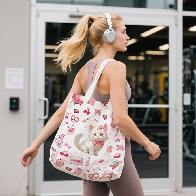 Aesthetic Canvas Tote Bag for Women - with Magnetic Snap Closure & Zipper Inner Pocket Reusable Bag for Shopping