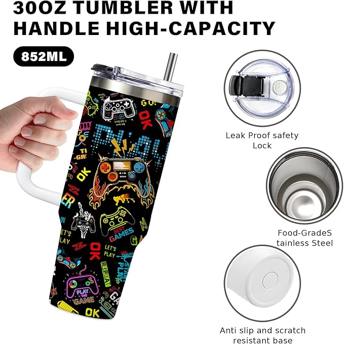 Gifts for Teen Boys & Gamers - 30oz Gamer Tumbler with Handle, Insulated Water Bottle Cup for Men, Leak Proof Birthday Christmas Gift