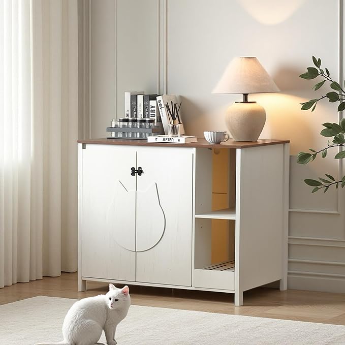 Cat-Faced Litter Enclosure for Placing Cat Robot 3/4, Power Outlet for More Choices, Litter Collector and Dog-Proof Adjustable Shelf (Antique White)