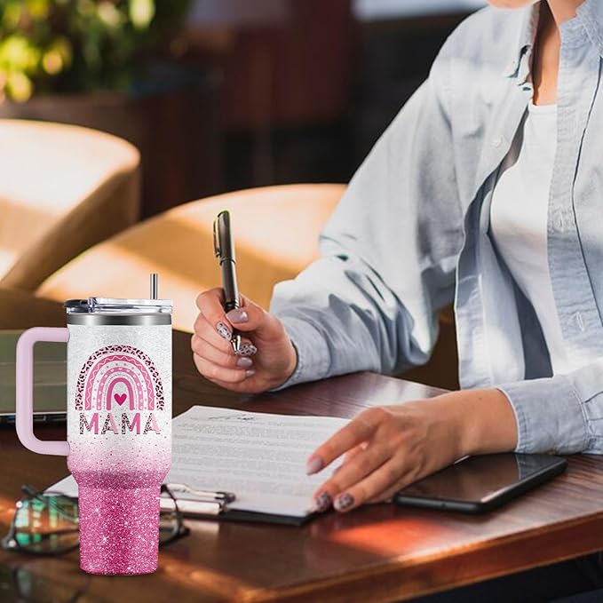 Gifts for Mom - Mama Tumbler 40 oz with Handle and Straw, Leak Proof Insulated Cup - Christmas, Mothers Day Present from Daughter Son, New Mom Gift
