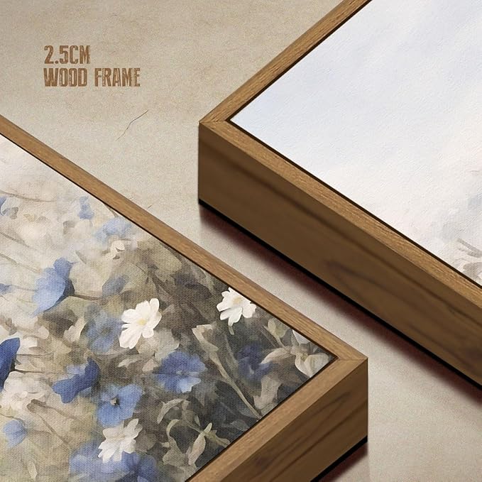 Vintage Floral Wall Art Blue White Flower Canvas Art Prints Wildflower Pictures Wall Decor Nature Landscape Oil Painting Framed Botanical Artwork for Girls Room Bedroom Farmhouse Decoration, 12''x16''