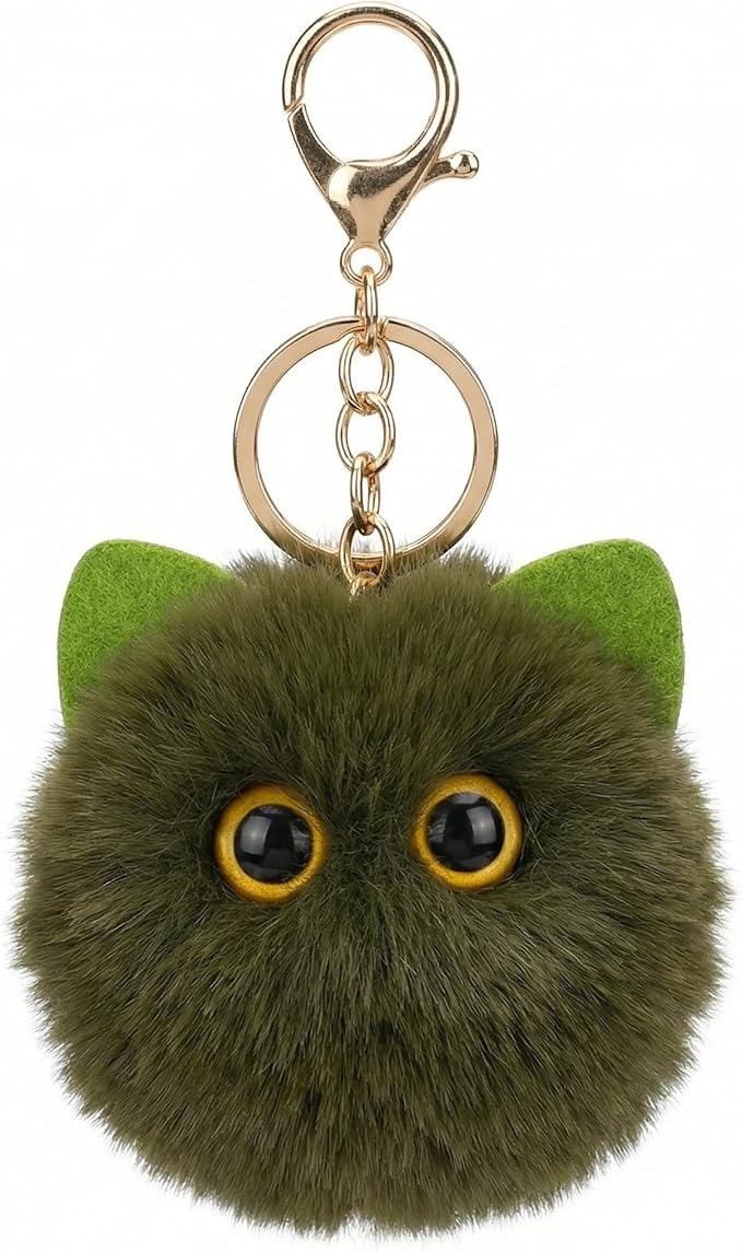 Cute Green Cat Plush Keychain - Kawaii Military Green Cat Pom Pom Bag Charm, Edgy Keychain for Backpack Purse, Gift for Women Men