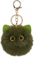 Cute Green Cat Plush Keychain - Kawaii Military Green Cat Pom Pom Bag Charm, Edgy Keychain for Backpack Purse, Gift for Women Men