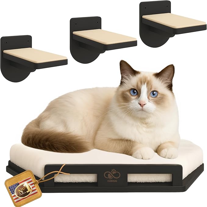 Cat Wall Shelves for Cats & Kitten up to 25 lb – Solid Wood Cozy Corner Bed + Cushion with 2 Washable Covers + 3 Wooden Steps, Safe Haven for Indoor Cats, Cat Shelves for Wall, Black