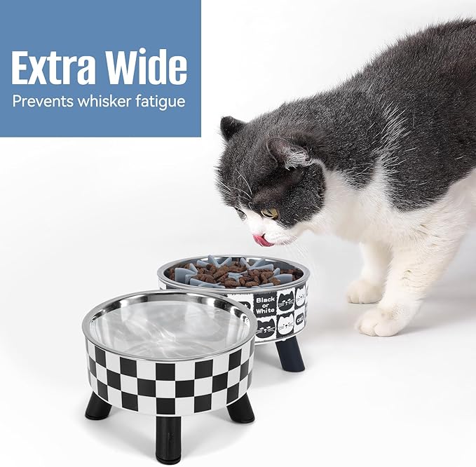 2PCS Elevated Cat Bowls with Slow Feeder, Wide Raised Stainless Steel Cat Dishes Plastic Stand Silicone Slow Food Dispenser, Whisker Friendly Pet Water Food Plates Feeding Station Indoor Cats, Kitten