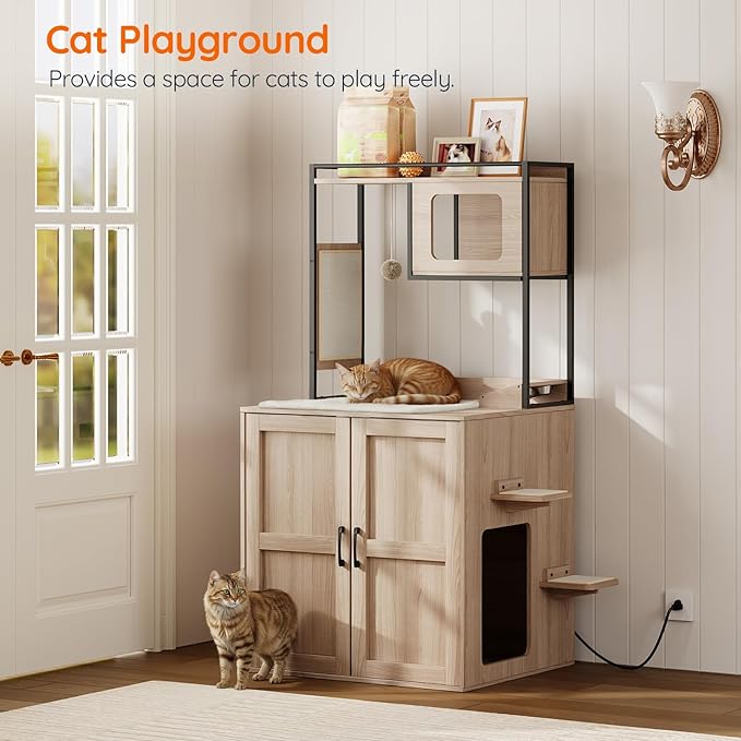 HOOBRO Cat Automatic Litter Box Enclosure Furniture, 30.5" L x 26.8" W x 61" H, Hidden Robotic Litter Box Cabinet, Dog-Proof Shelf with Charging Station, Scratching Mat, Bowls, Natural NL68UMZ03