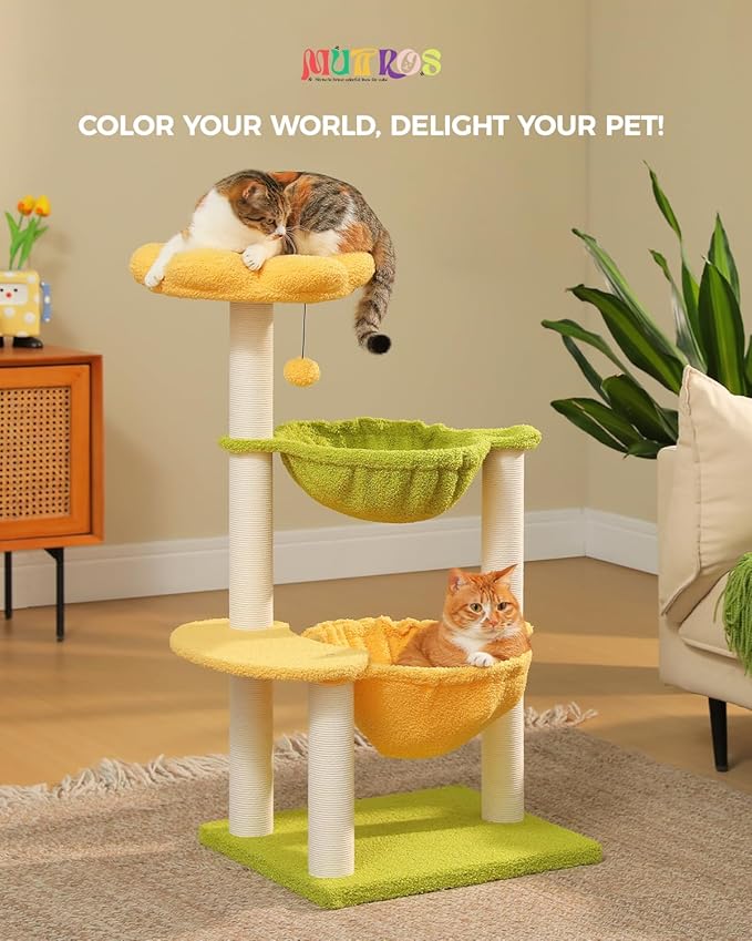 MUTTROS Flower Cat Tree with 2 Large Hammocks, 37.4" Small Cat Tower for Indoor Kitty with 6 Scratching Posts, Cute Cat Tree with Flower Top Perch, Yellow