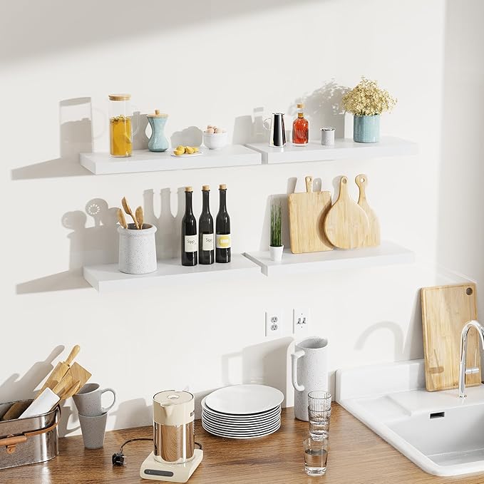 Bellsal Floating Shelves for Wall, White Engineered Wood Wall Shelf Set of 4, 16" Wall Mounted Floating Shelf for Kitchen, Living Room, Bedroom, Bathroom Storage, Book Shelf for Walls Home Decor