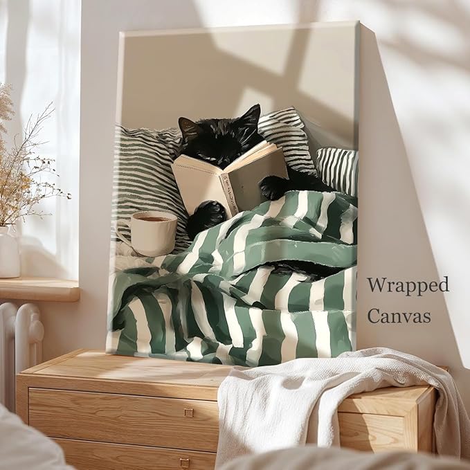 Funny Black Cat Canvas Wall Art, Cute Cat Reading Book In Bed with Coffee Aesthetic Poster, Cozy Striped Green Bedroom Animal Wall Decor, Bookish Art Print for Book Pet Lover 24x36in Wrapped Canvas