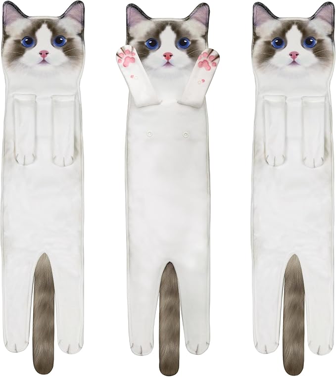 Funny Hand Towels for Bathroom Kitchen Decor - Cute Cat Hanging Hand Towel Kitchen Gadgets - Unique Housewarming Birthday Christmas Cat Lover Gift Ideas for Women Mom Lady Adults