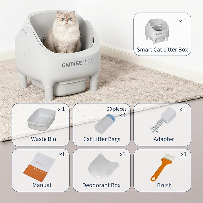 Garvee Open-Top Automatic Cat Litter Box with APP Control, Odor-Free Waste Disposal Includes Trash Bags, 10.5L Large Waste Bin, Self Cleaning Litter Box for Multiple Cats, White