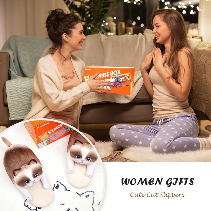 Funny Cat Slippers for Women,Fuzzy Animal Indoor House Shoes with Soft Memory Foam,Comfy Plush Warm Slip-on Slippers,Cat Gifts for Cat Lover