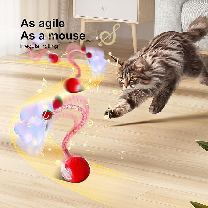 Interactive Cat Toys for Indoor Cats, Speedy 2.0 Cat Toy with Elastic Mesh Tail, Automatic Cat Toy for Bored Indoor Adult Cats, Rechargeable Smart Kitten Moving Ball Toys (Red)