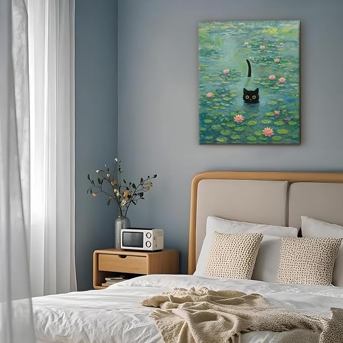 Funny Cat in Water Lilies Wall Art, Vintage Monet-Style Bathroom & Bedroom Decor, Ready to Hang Aesthetic Cat Gift for Dorm, Living Room, Wrapped Framed Canvas Print(16’’x20’’)