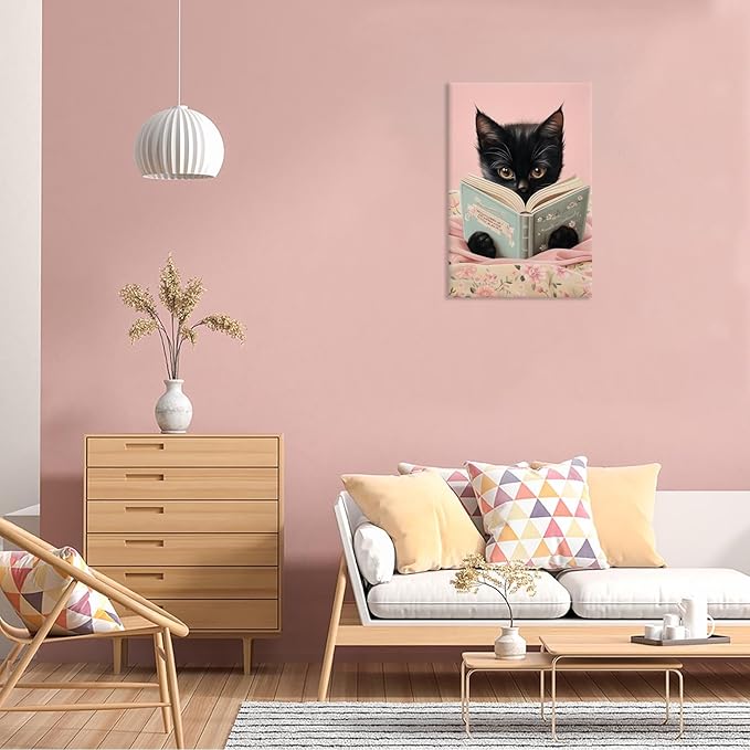 Vintage Cat Canvas Wall Art Funny Cute Cats Reading Books Poster Retro Pink Flower Abstract Animal Aesthetic Prints Painting For Girls Room Bedroom Kids Room Dorm Wall Decor 24x36in Framed