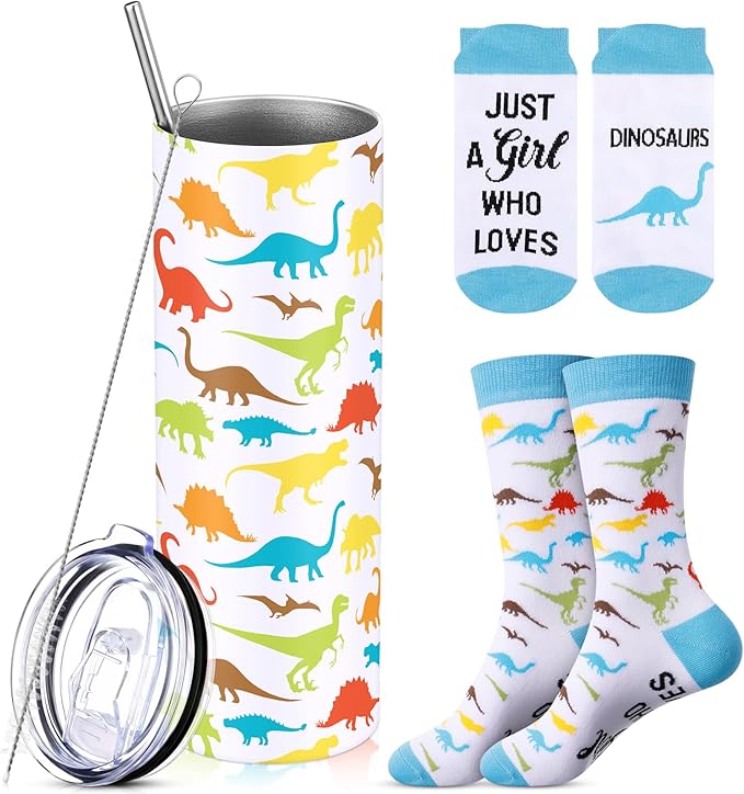 Funnymoom 2 Pack Cute Dinosaur Gifts Set Skinny Tumbler 20 oz Travel Coffee Mug Novelty Cute Animals Socks, Christmas Birthday Party Gifts for Dinosaur Themed