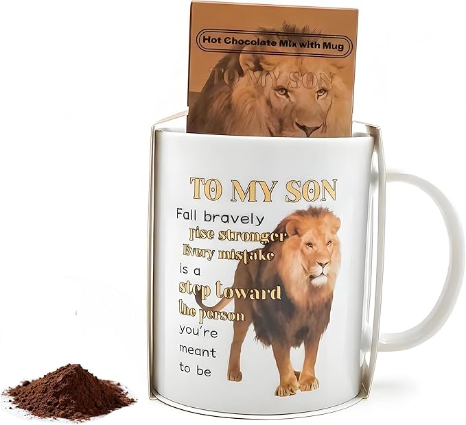 Mug Gift For Son To My Son Ceramic Coffee Mug With Lion Design Porcelain Coffee Mugs and Hot Chocolate Mix Set - Inspirational Birthday Gift For Son