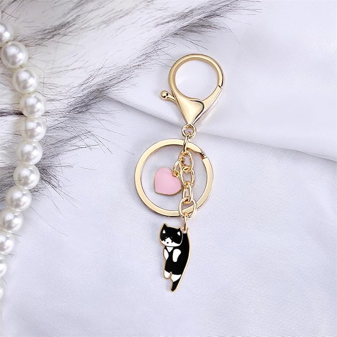 Lazy Cat Pink heart Keychain Fun Cartoon Kitten Cute Key Ring for Animal Key Chain Girl Birthday