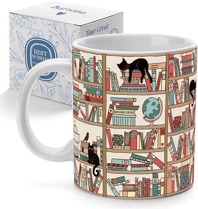 Cat Book Coffee Mug Gifts for Book Lovers Readers, Library Bookshelf Cup for Librarian Bibliophile, Bookworm Club Gifts for Friends - Reading Writer Women Black Coffee Cup 11oz