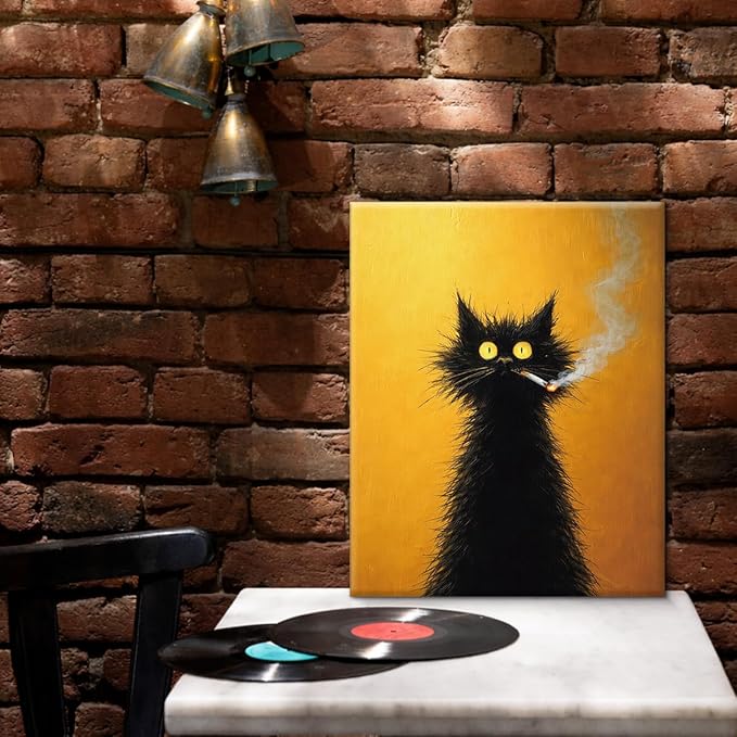 Whimsical Vintage Cat Wall Art Decor Retro Quirky Cat Print Picture Funny Animal Wall Decor for Home Living Room Man Cave 8x10 Inch Canvas Framed