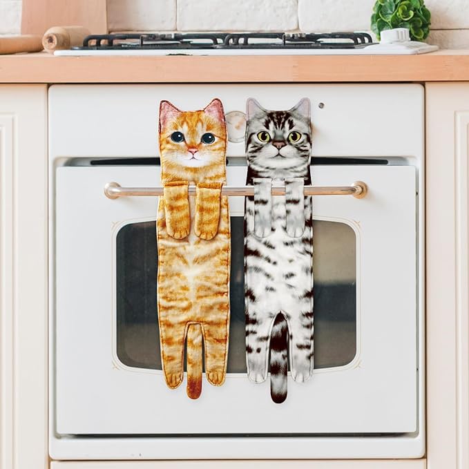 Funny Hand Towels for Bathroom Kitchen Decor - Cute Cat Hanging Hand Towel Kitchen Gadgets - Unique Housewarming Birthday Christmas Cat Lover Gift Ideas for Women Mom Lady Adults