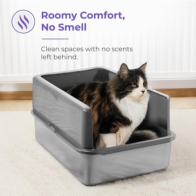 iPrimio XL Stainless Steel Litter Box with Lid - High-Sided Metal Litter Box with Enclosure for Big Cats - Easy to Clean, Rust-Resistant, and Durable - Never Absorbs Odors - 23.5 x 15.5 x 6 in