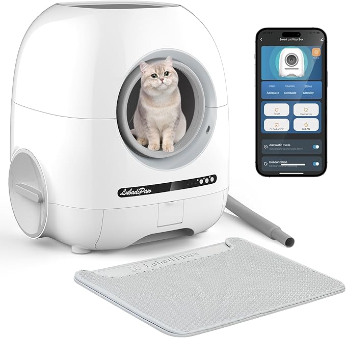 Self Cleaning Cat Litter Box, Smart Automatic Cat Litter Box with Double Odor Removal, 90L Large Capacity/APP Control/Anti-Pinch for Multiple Cats