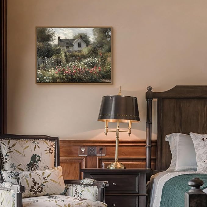 Vintage Rose Garden Wall Art Antique Cottage Canvas Oil Painting Nature Flowers Landscape Picture Rustic Farmhouse Wall Decor for Bedroom Bathroom Home Office Kitchen Decoration - 12x16 Inch Framed