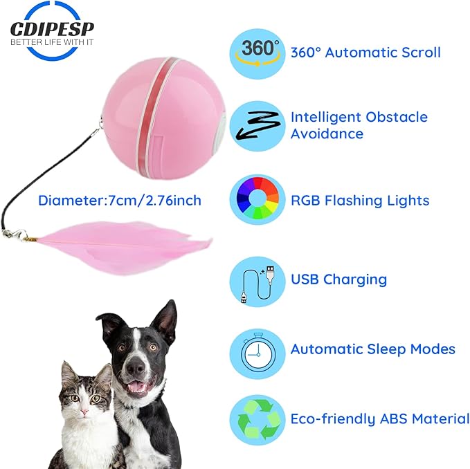 Automatic Active Rolling Ball for Cats, Self Moving Interactive Dog Toys for Boredom, Wicked Ball for Small Dogs/Cats with LED Lights, USB Rechargeable(Pink)