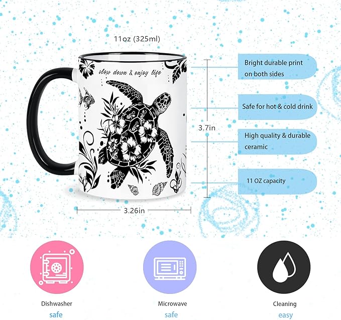 Sea Turtle Coffee Mug 11 Oz Sea Turtle Gifts Mothers Day Birthday Gift for Women Men, Boho Black and White Coffee Mug, Birthday Gifts for Friends Ceramic Mugs Microwave and Dishwasher Safe