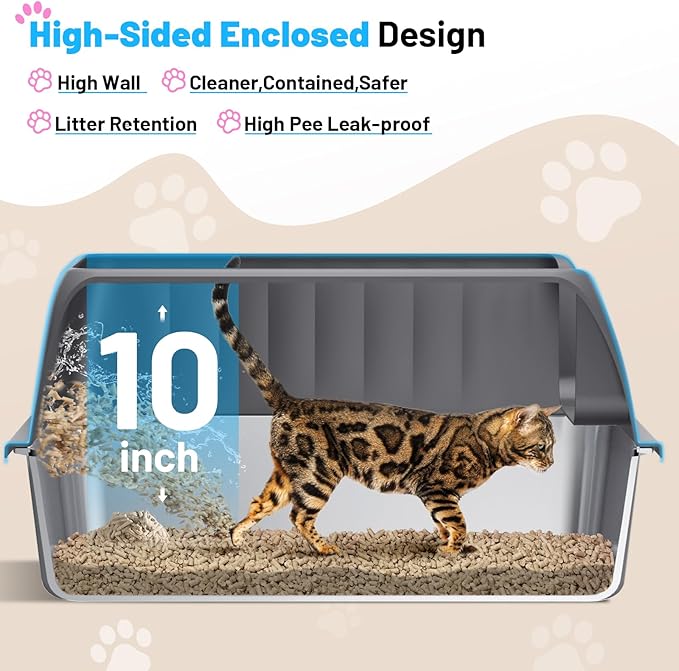 Stainless Steel Litter Box Enclosed Cat Litter Box with High Sided Lid Odor Control Non-Stick Easy Clean Low Entry Anti-Tracking Litter Box for Kittens & Small Cats