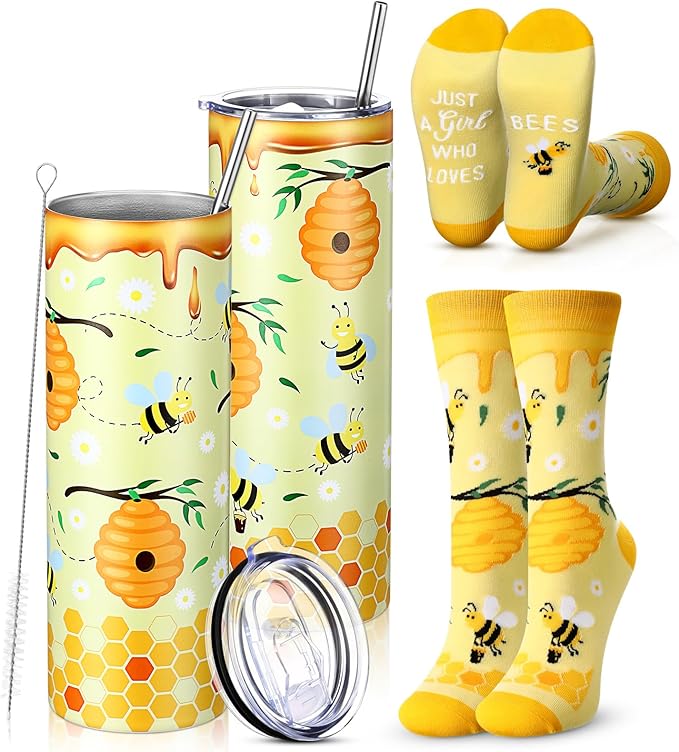Funnymoom 2 Pack Bee Themed Party Gifts Set Skinny Tumbler 20 oz Travel Coffee Mug Socks Novelty Cute Animals, Honey Christmas Birthday for Lovers Party