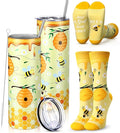Funnymoom 2 Pack Bee Themed Party Gifts Set Skinny Tumbler 20 oz Travel Coffee Mug Socks Novelty Cute Animals, Honey Christmas Birthday for Lovers Party